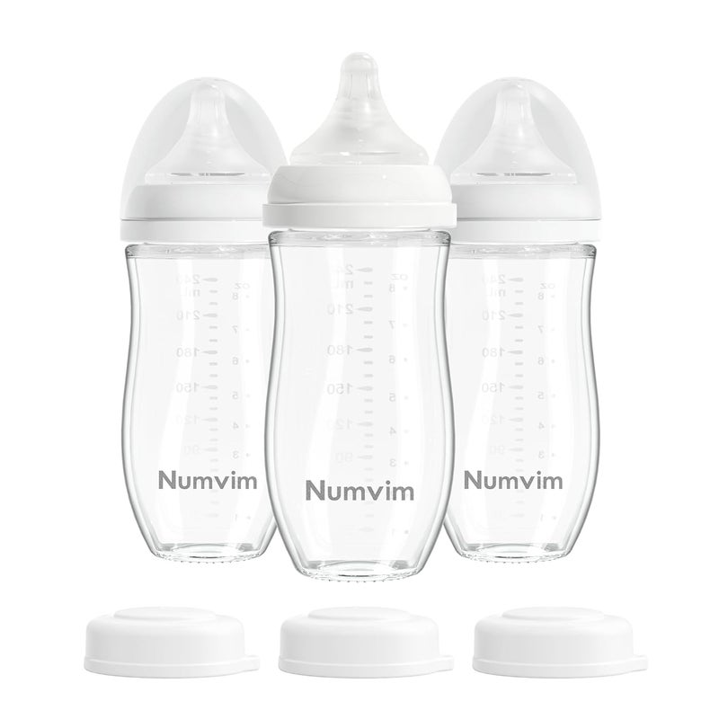 NUVIMI Natural Glass Baby Bottles with Gentle & Slow Flow Nipples, Newborn Breastfeeding Bottle, Anti-Colic, Includes M Nipples(3 Month+),3 Packs (White 8 Oz) - Image 1